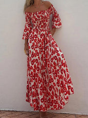 Vacation Flower Street Elegant Printed Off Shoulder Waist Pocket Long Dress