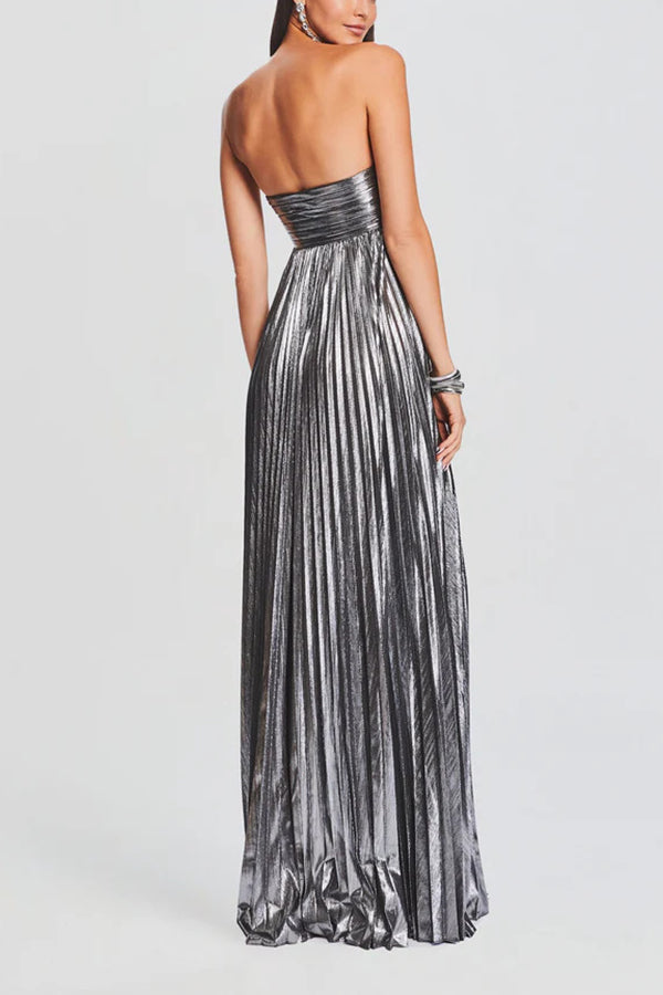 Metallic Tube Top Pleated High Slit Maxi Dress