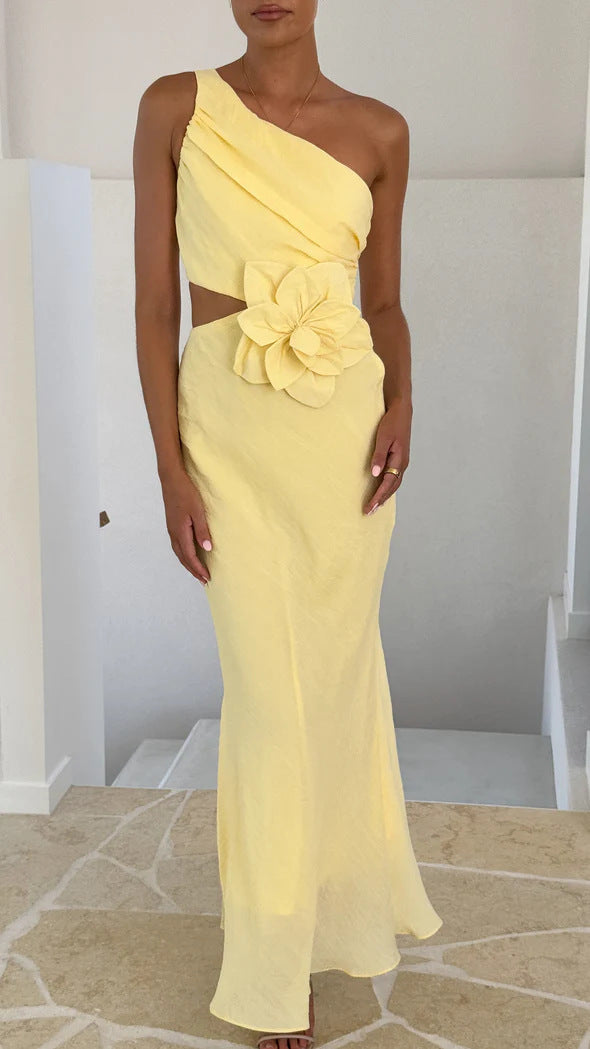 Bloom 3d Flower Ruched One Shoulder Cutout Maxi Dress