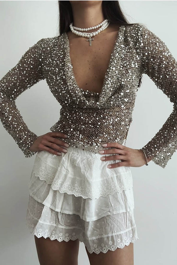 Sequined Fishnet Casual Long-sleeved Top
