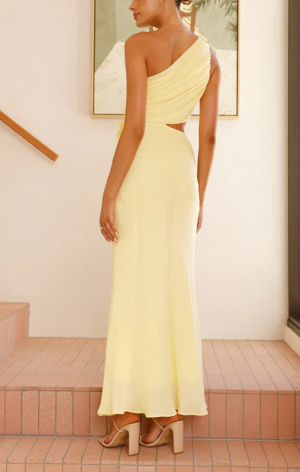 Bloom 3d Flower Ruched One Shoulder Cutout Maxi Dress