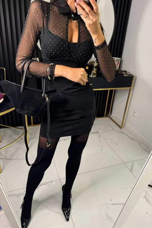 elegant mesh sparkling fabric hollow out shirt collar long sleeved elastic mini dress