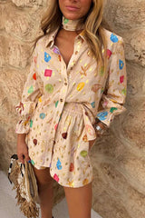 Gold Stamping Unique Printing Lapel Long Sleeve Shirt and Elastic Waist Casual Pocket Shorts Set