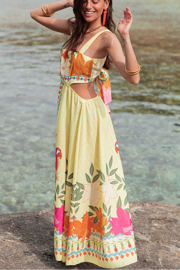 Resort Style Unique Print Square Neck Backless Waist Maxi Dress