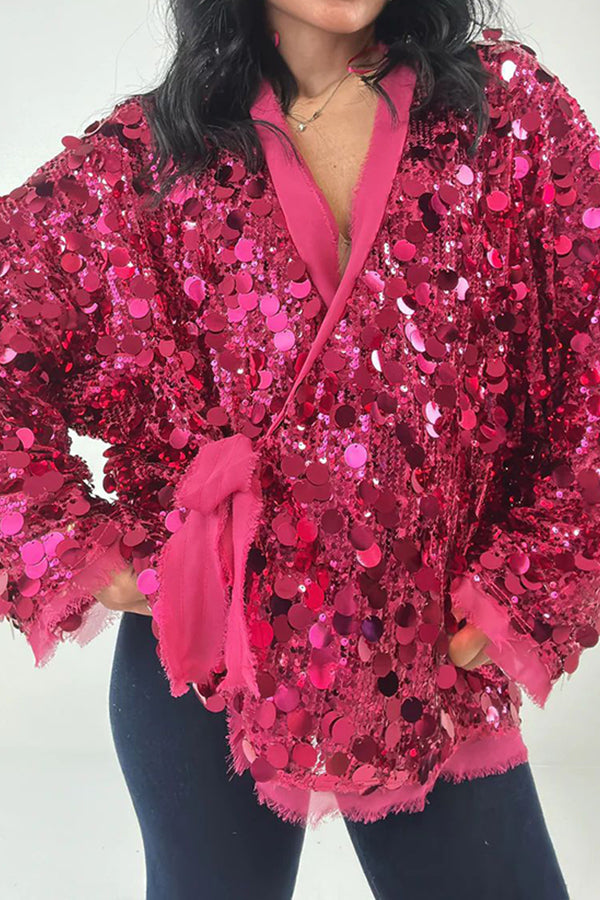 Sequined Long-sleeved V-neck Loose Lace-up Cardigan