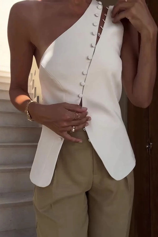 Full of Design Solid Color One Shoulder Asymmetric Slit Button Casual Vest