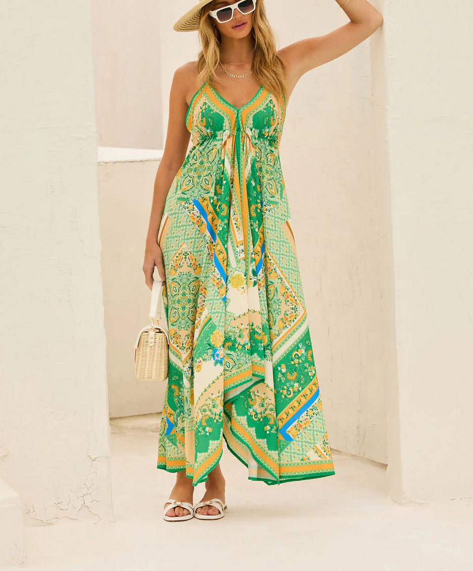 Strapless V-neck Beach Halter Backless Printed Fairy Long Temperament Dresses Swing Dresses