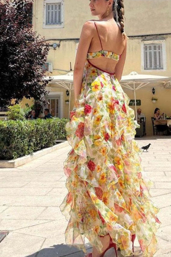 Millie | Floral Ruffle Long Skirt Chiffon Printed Fairy Style Long Style Evening Dress Coupon