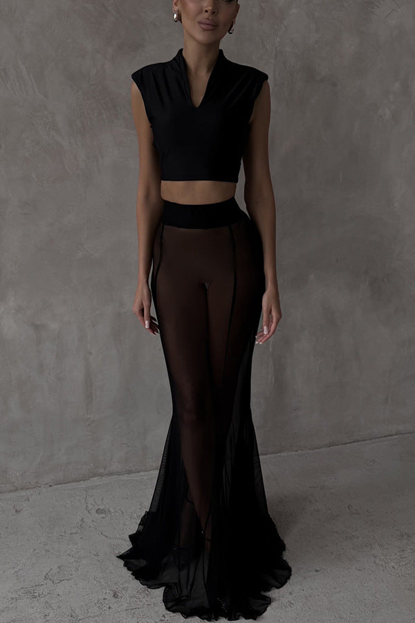 French chiffon fish tail eternal mesh high waisted elastic fish tail long skirt
