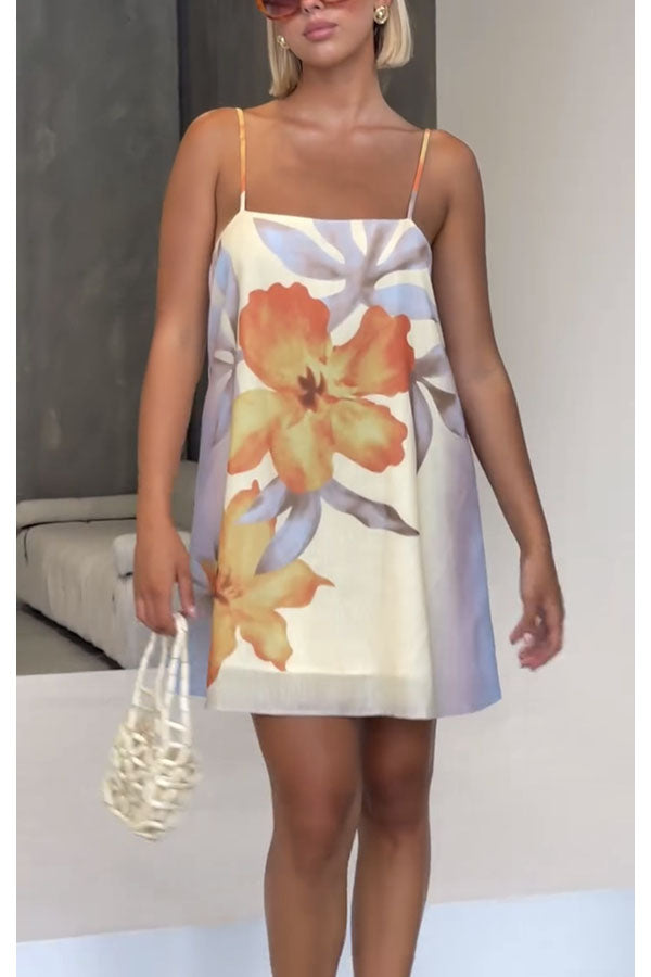 Surprise Linen Blend Floral Print Slip H-line Mini Dress