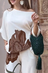 Floral Print Batwing Sleeves Loose-fitting Top and Relaxed Pocket Straight Pants Set