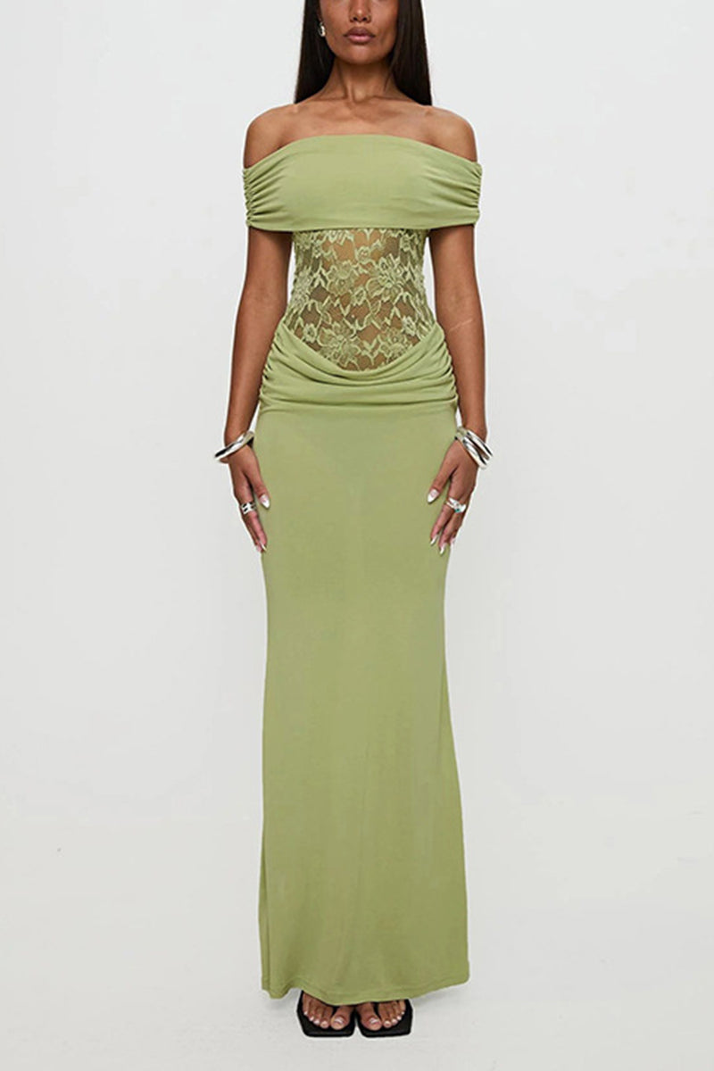 Solid Color Off Shoulder Splicing Lace Extra Long Slimming Dress