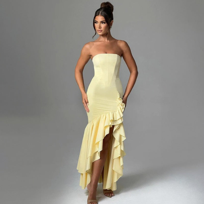off shoulder, off shoulder strapless, hip hugging, irregular wave party dress