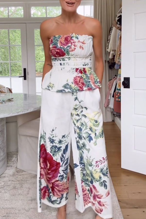In To The Linen Blend Floral Print Elastic Bandeau and Elastic Waist Pocket Loose Pants Set