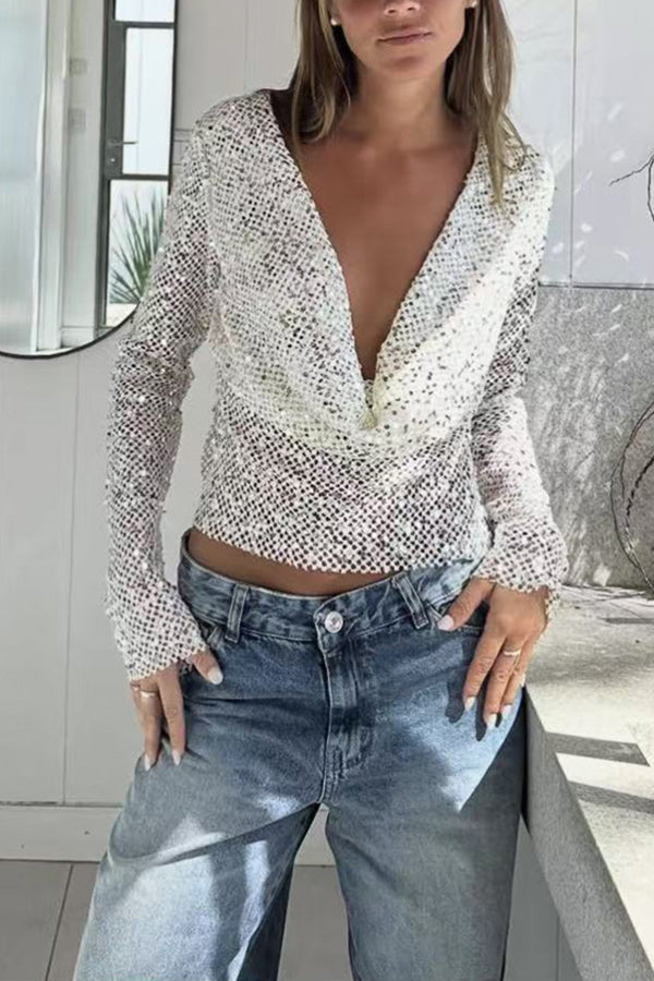 Sequined Fishnet Casual Long-sleeved Top