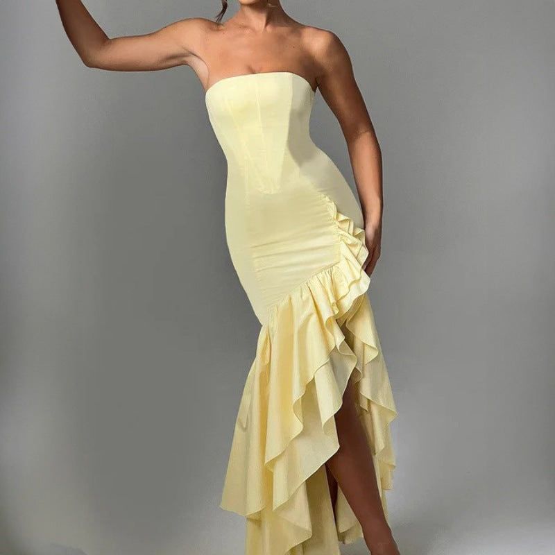 off shoulder, off shoulder strapless, hip hugging, irregular wave party dress