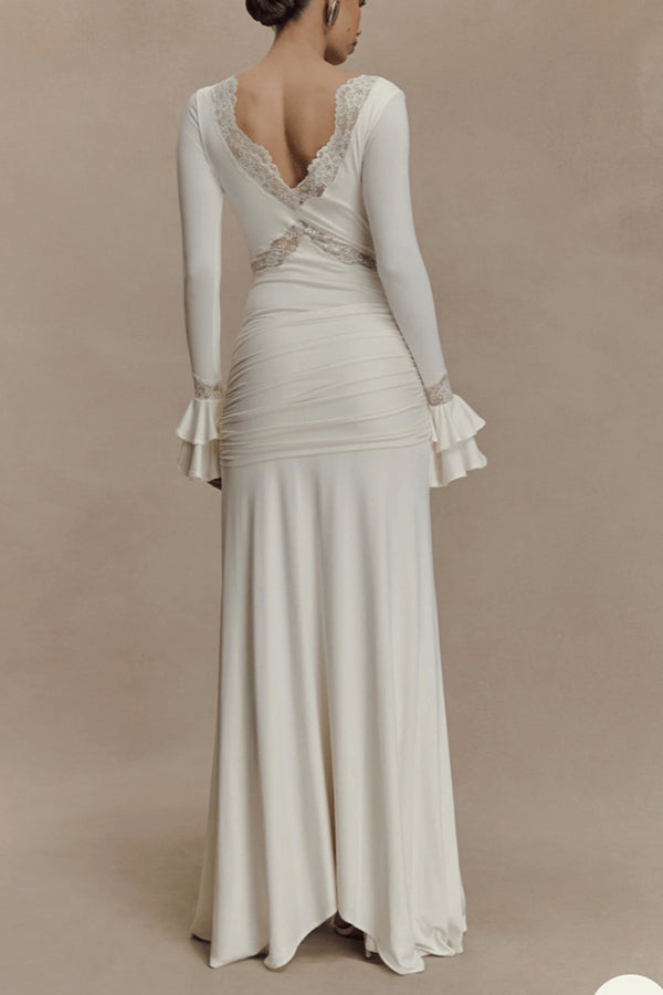 Lace Splicing V-neck Long-sleeved Slim Maxi Dress