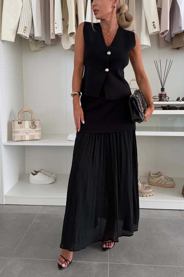 Elegant Knit Gold Buttons V-neck Loose Vest
