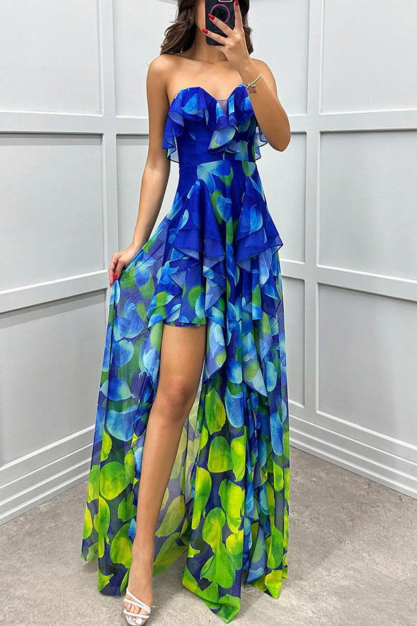 party gradient unique printed flowing layered pleated strapless slim fit long skirt