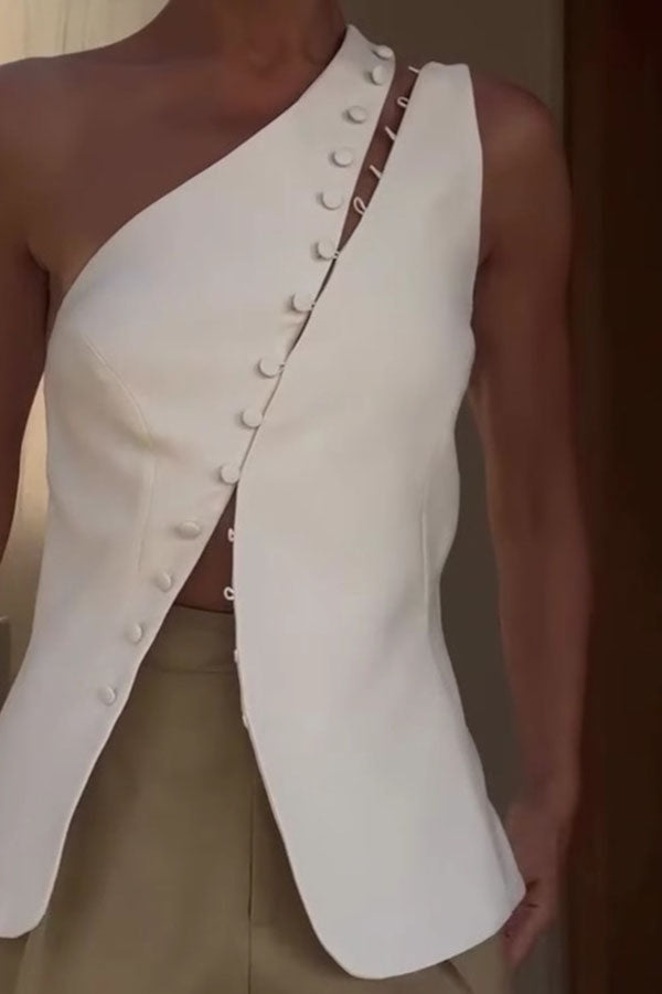 Full of Design Solid Color One Shoulder Asymmetric Slit Button Casual Vest