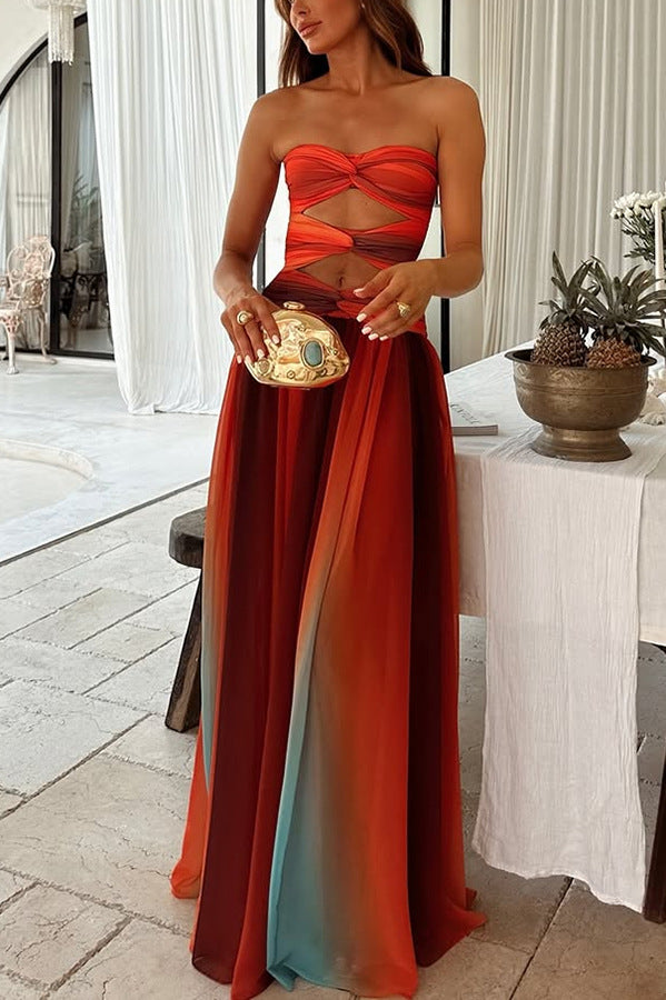 Sunset strapless Tassel Printed Twisted Hollow Off Shoulder Vacation Long Dress