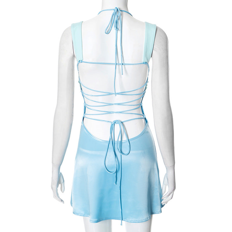 Splicing sleeveless mini long robe satin strapless backless lace up high waisted A-line party dress