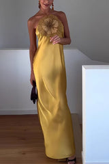 Beaded Large Flower Decoration Halter Neck Backless Maxi Dress