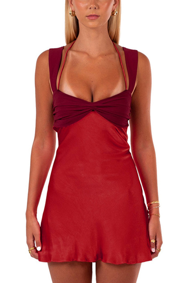 Splicing sleeveless mini long robe satin strapless backless lace up high waisted A-line party dress