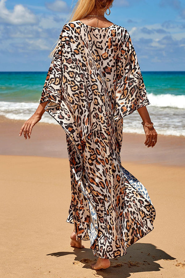 Simple Unique Printed Pleated Front Slit Cover Up