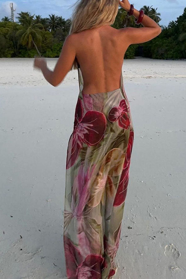 Floral Print Backless Slit See-Through Holiday Maxi Dress