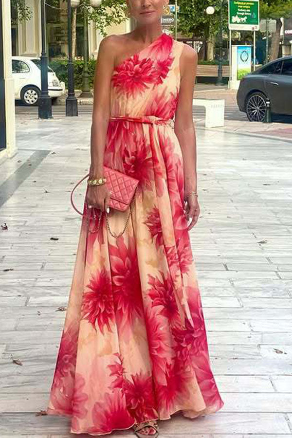 Floral Print One Shoulder Waist Tie Full Hem Resort Style Maxi Dress
