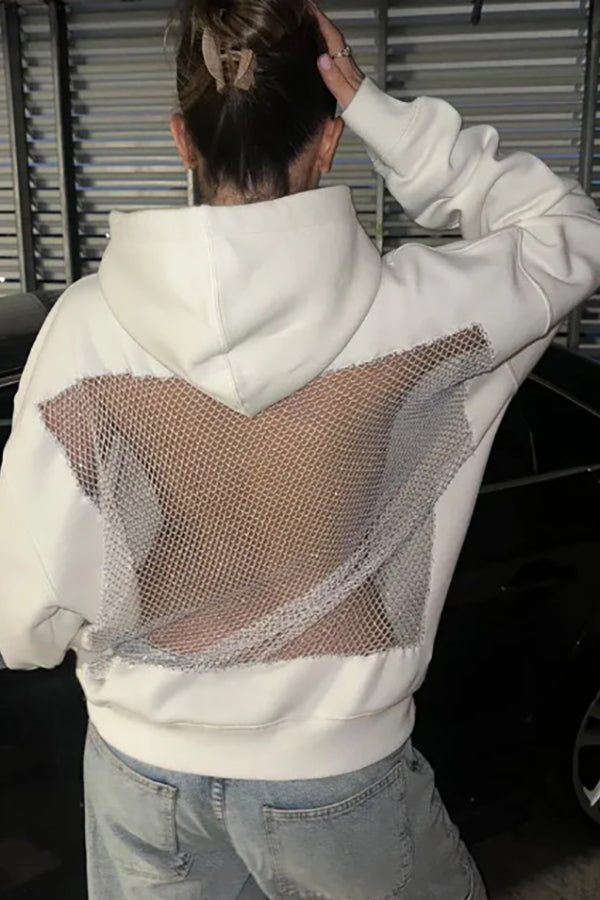 Shiny Mesh Hollow Back Loose Long-sleeved Hooded Sweatshirt