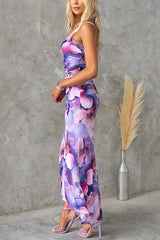 Mesh overlay printed one shoulder wave skirt