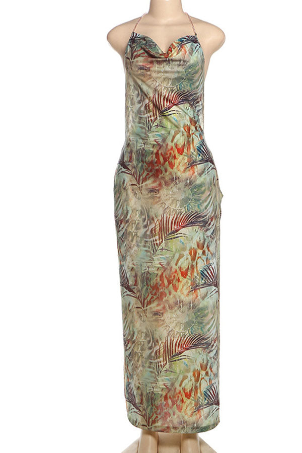 Floral Print Backless Slit See-Through Holiday Maxi Dress