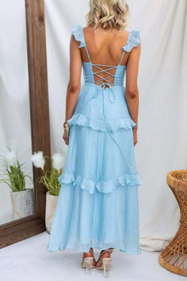 Solid Color Halter Backless Tie Elegant Ruffle Maxi Dress