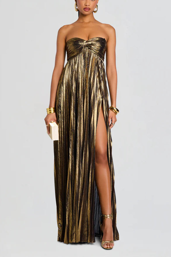 Metallic Tube Top Pleated High Slit Maxi Dress