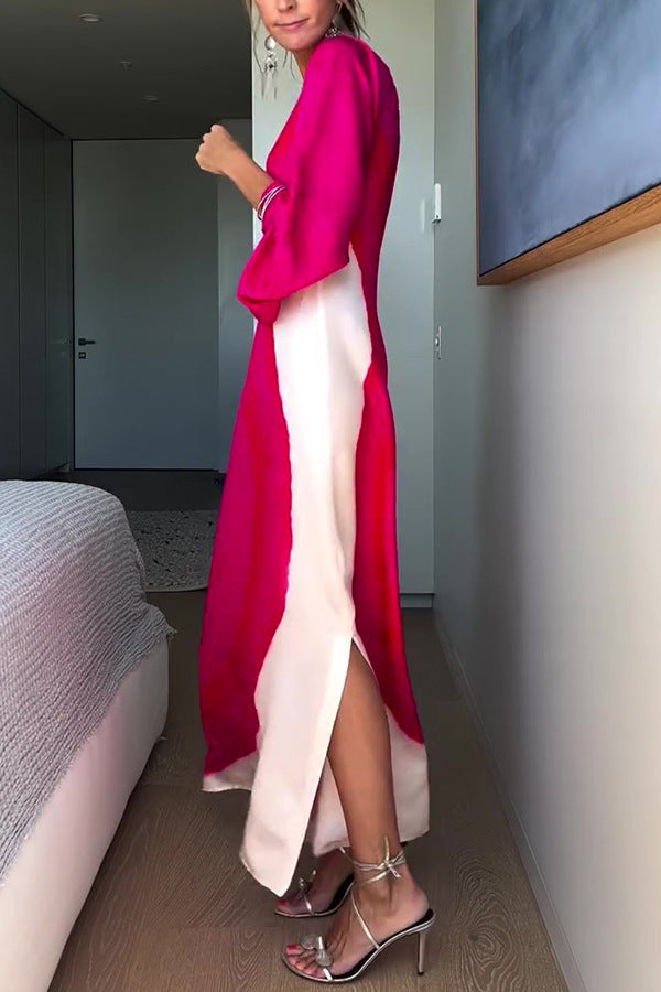 elegant contrasting printed single sleeve slit long skirt