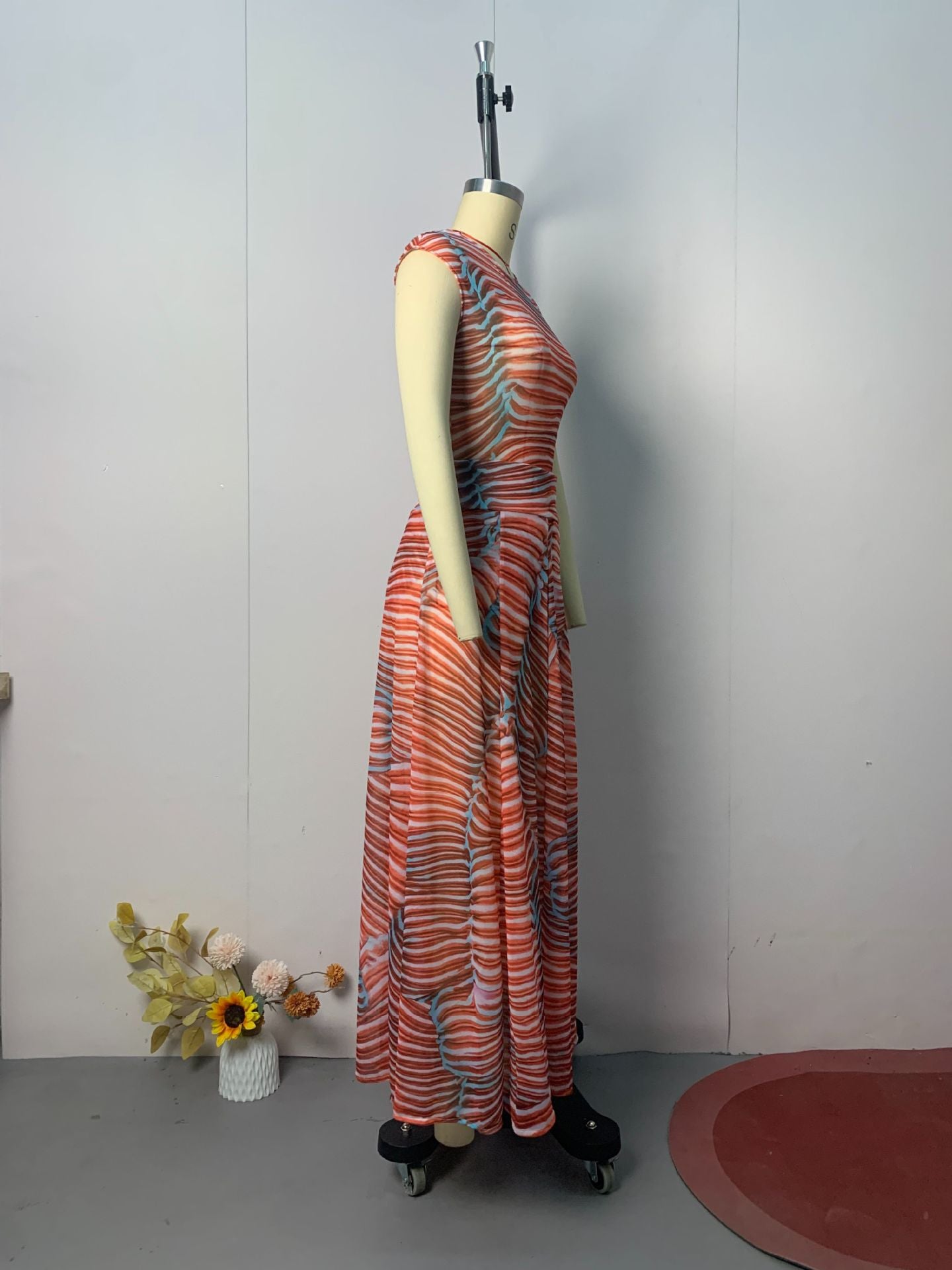 Bella Stretch Mesh Unique Print Bodysuit and High Rise Elastic Waist Maxi Skirt Set