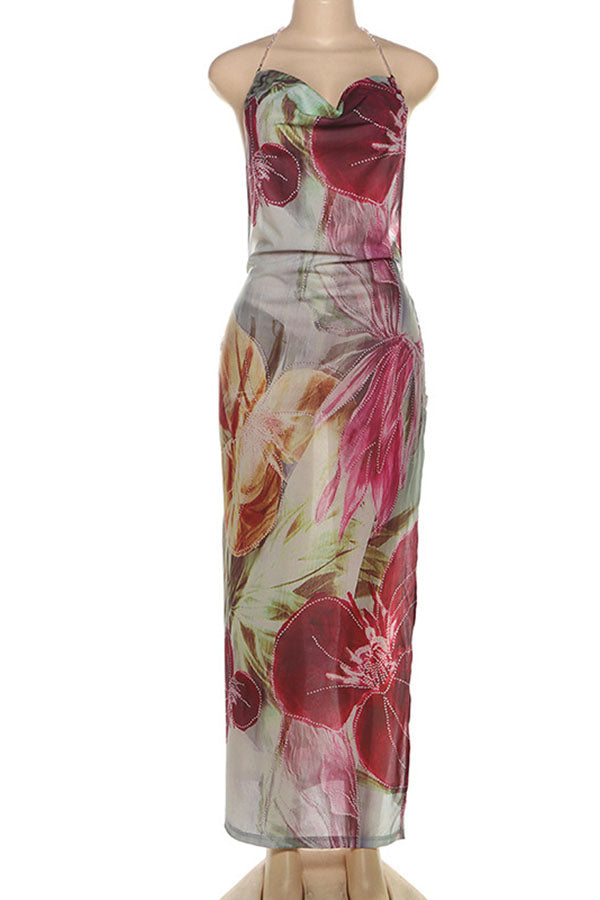 Floral Print Backless Slit See-Through Holiday Maxi Dress