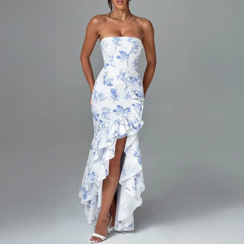 off shoulder, off shoulder strapless, hip hugging, irregular wave party dress