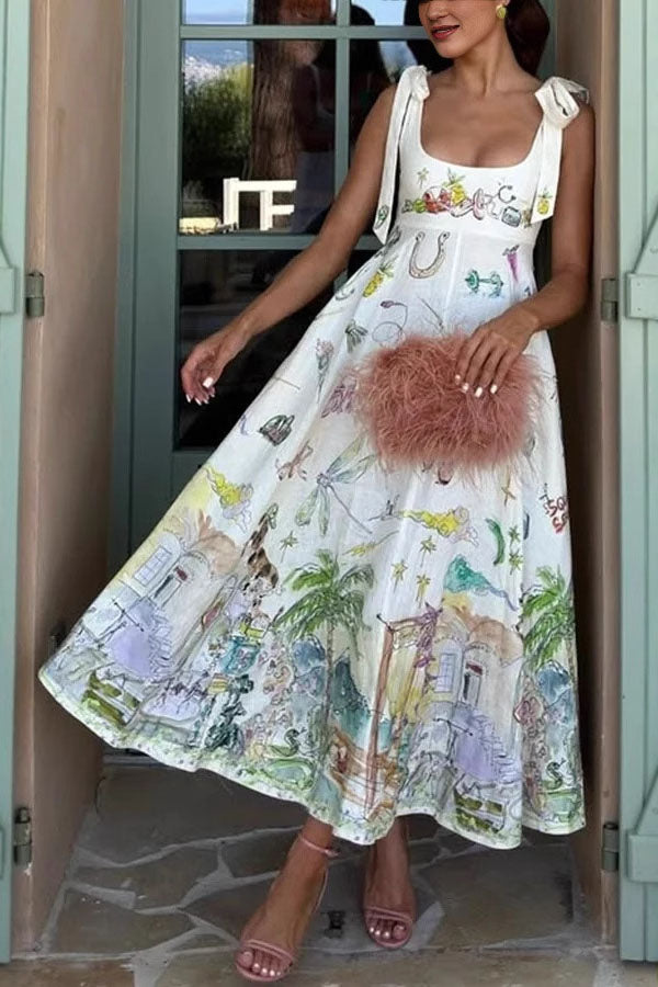 Euro View Linen Blend Unique Print Tie-up Straps Pocket Midi Dress