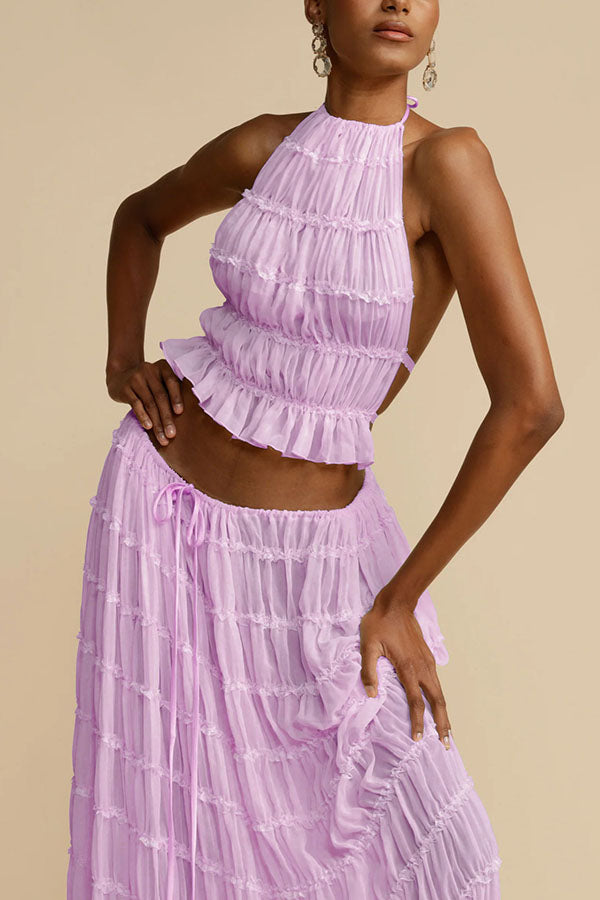 Versatility and Vintage Charm Pleated Drawstring Waist Tiered Maxi Skirt