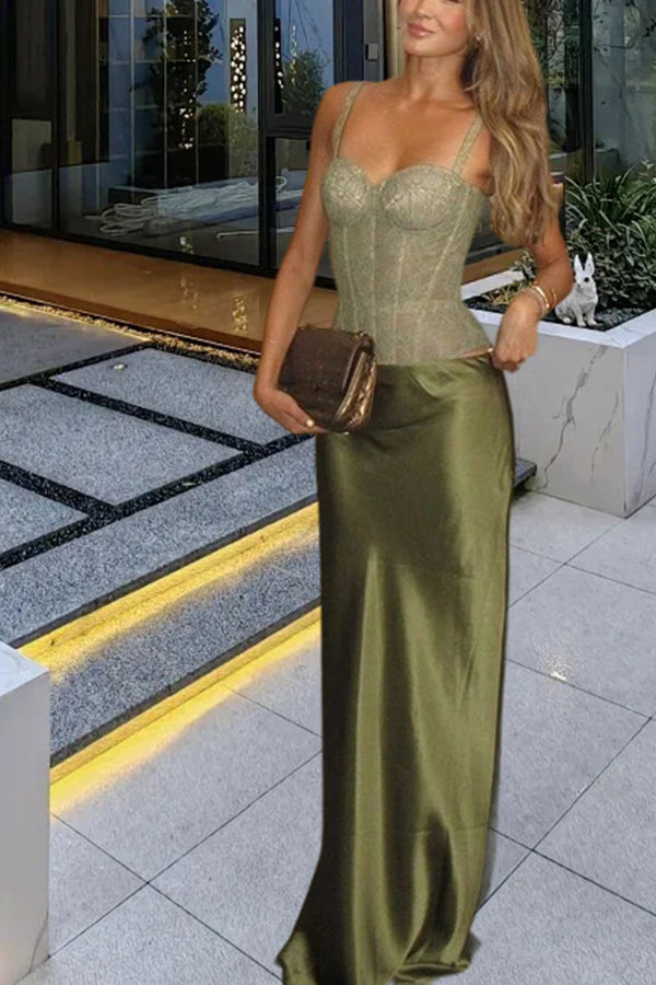 In A Fairytale Lace Satin Mid Rise Drape Maxi Skirt