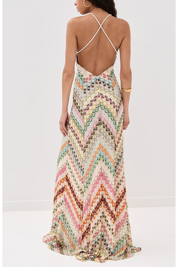 Missoni Knit Colorful Herringbone Print Open Beck Maxi Dress