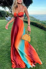 Queen Neon Sunset Printed Metal Decor Hollow Back Lace Holiday Long Dress