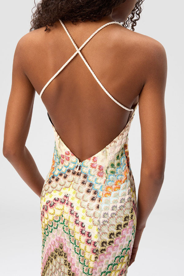 Missoni Knit Colorful Herringbone Print Open Beck Maxi Dress