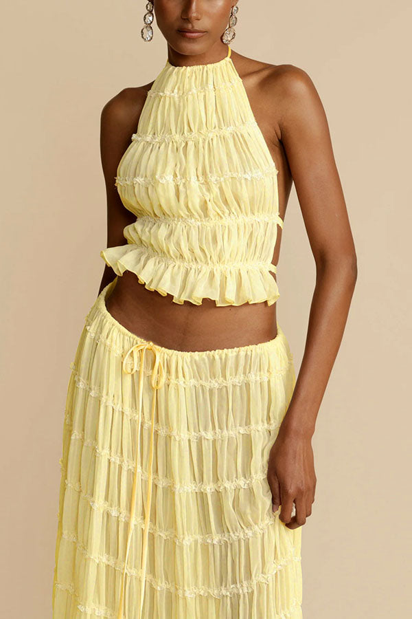 Versatility and Vintage Charm Pleated Drawstring Waist Tiered Maxi Skirt