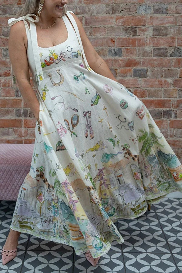 Euro View Linen Blend Unique Print Tie-up Straps Pocket Midi Dress