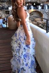 Millie | Floral Ruffle Long Skirt Chiffon Printed Fairy Style Long Style Evening Dress Coupon