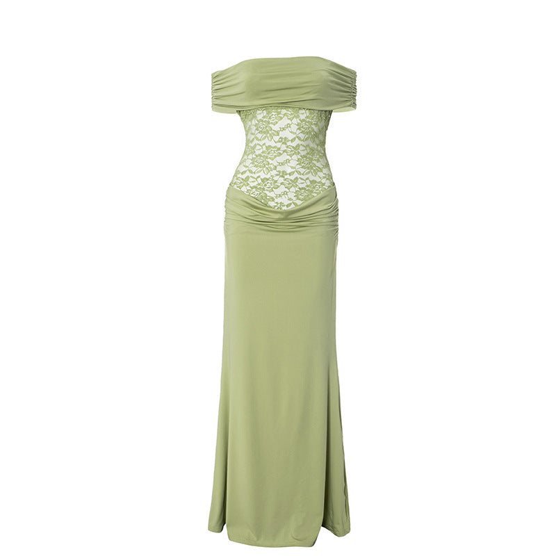 Solid Color Off Shoulder Splicing Lace Extra Long Slimming Dress